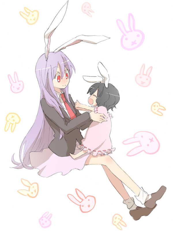 mokeo, inaba tewi, reisen udongein inaba, touhou, 2girls, animal ears, barefoot, child, female focus, full body, multiple girls, rabbit ears, skirt, white background