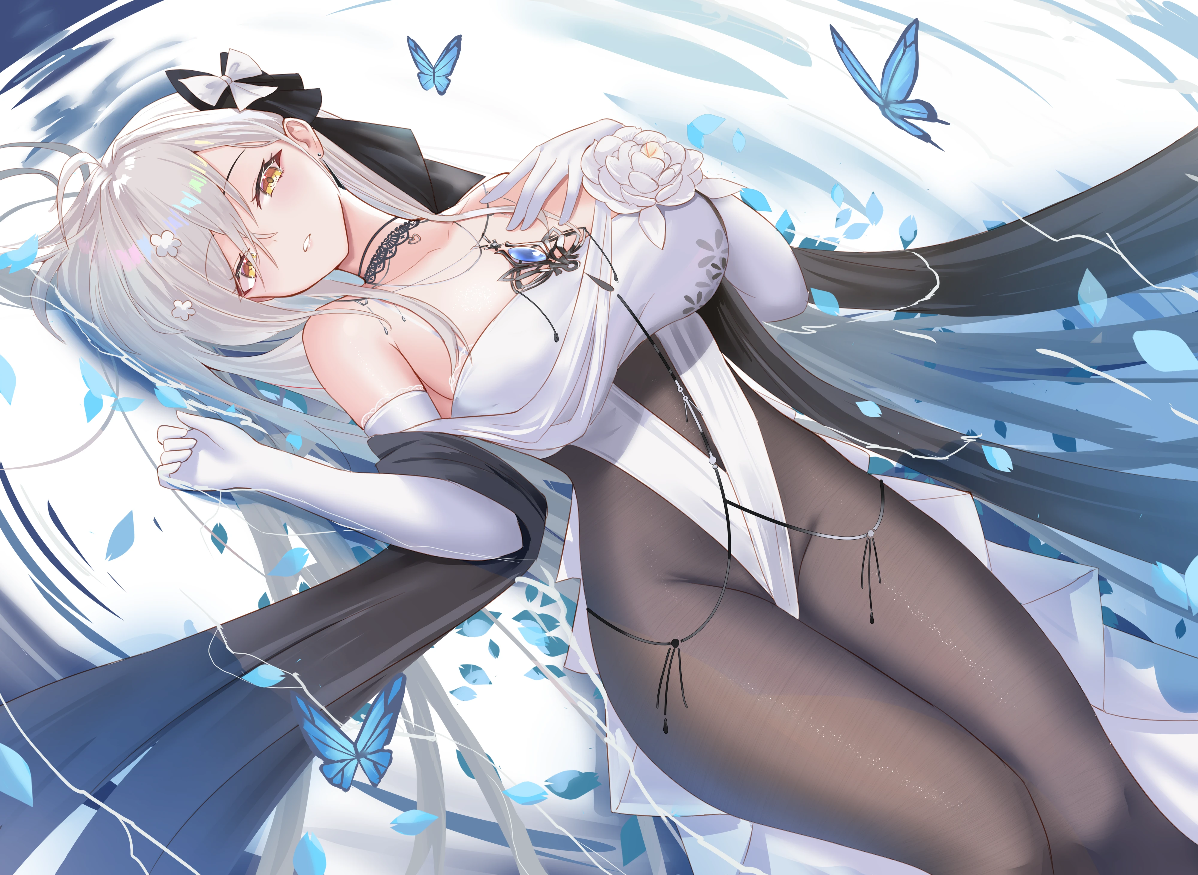rorokaede, indie virtual youtuber, absurdres, character request, chinese commentary, commentary request, highres, second-party source, 1girl, ahoge, bare shoulders, blue butterfly, blue gemstone, bodystocking, bow, breasts, bug, butterfly, choker, collarbone, crossed bangs, dress, dress flower, elbow gloves, flower, from above, gem, gloves, groin, hair between eyes, hair bow, hair flower, hair ornament, hand on own chest, hand up, highleg, highleg dress, insect, jewelry, lace-trimmed choker, lace trim, large breasts, long hair, looking at viewer, lying, necklace, off-shoulder dress, off shoulder, on back, parted lips, petals, petals on liquid, shallow water, solo, super highleg, thighs, very long hair, virtual youtuber, water, white background, white bow, white flower, white gloves, white hair, yellow eyes