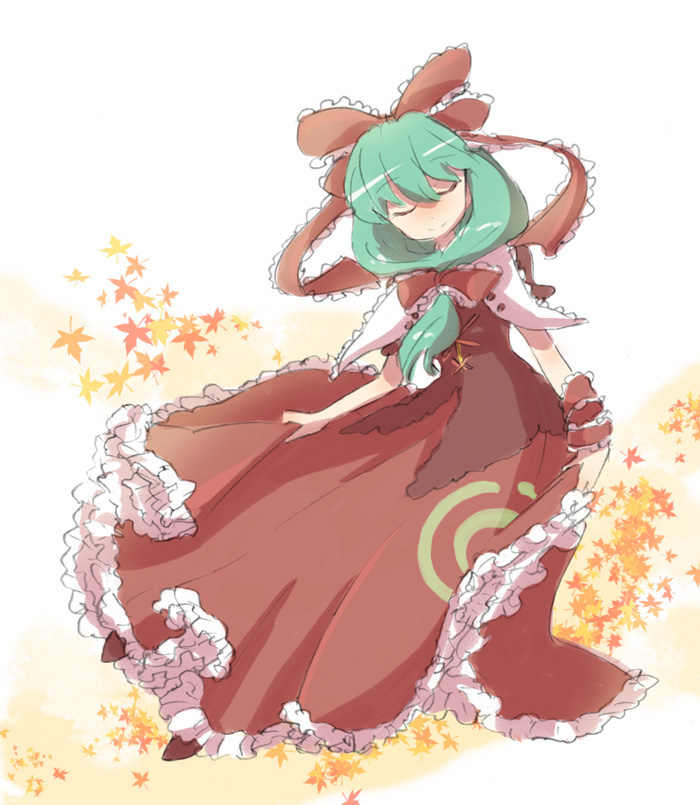 mokeo, kagiyama hina, touhou, 1girl, autumn leaves, dress, female focus, front ponytail, leaf, ribbon, solo