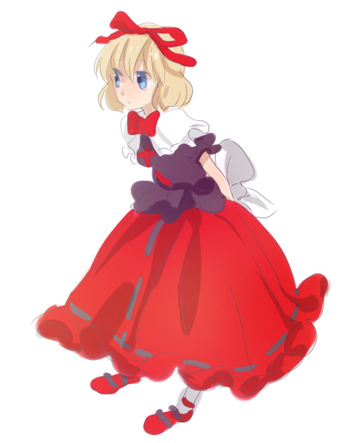 kazune (baumkuchen), mokeo, medicine melancholy, touhou, 1girl, arms behind back, blonde hair, blue eyes, female focus, full body, hair ribbon, puffy short sleeves, puffy sleeves, red ribbon, red shoes, red skirt, ribbon, shoes, short hair, short sleeves, simple background, skirt, solo, standing, white background