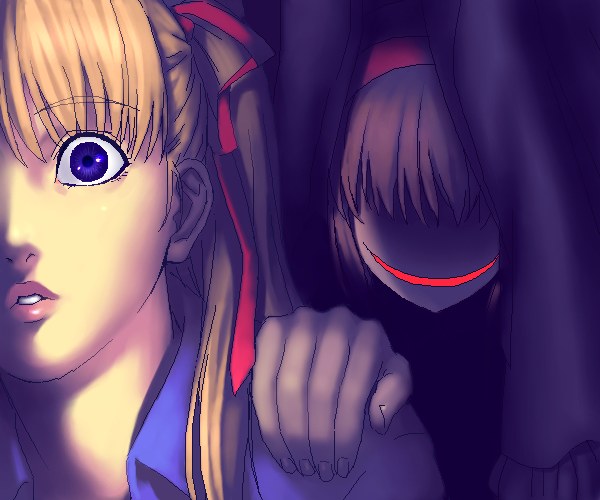 zen, sawatari makoto, tsukimiya ayu, kanon, 2girls, blonde hair, blue eyes, hand on another's shoulder, lips, multiple girls, oekaki, parted lips, portrait, shaded face, you gonna get raped, yuri
