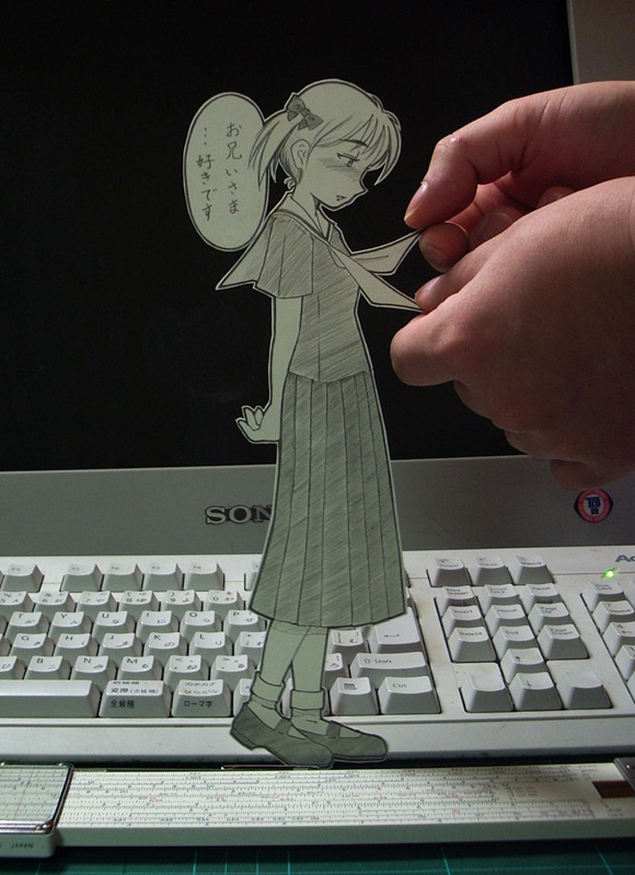 sasaki yukinojou, fukuzawa yumi, maria-sama ga miteru, papercraft (medium), photo (medium), translated, unconventional media, 00s, 1girl, blush, computer, computer keyboard, interactive media, long skirt, monitor, monochrome, paper, paper child, school uniform, serafuku, short hair, shy, skirt, solo focus