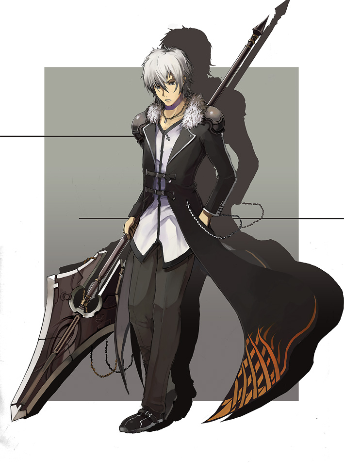 pos (shiratama-ya), original, 1boy, grey eyes, grey hair, male focus, polearm, solo, spear, weapon