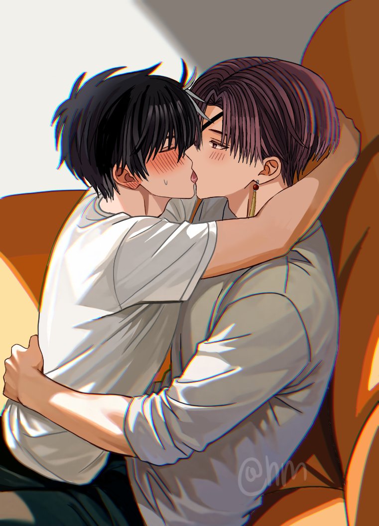 hyohls2 (hamao3o), sakura haruka (wind breaker), suo hayato, wind breaker (nii satoru), 2boys, black hair, black pants, blush, closed eyes, earrings, french kiss, grey hair, jewelry, kiss, long sleeves, male focus, multicolored hair, multiple boys, pants, red eyes, red hair, shirt, t-shirt, tassel, tassel earrings, tongue, tongue out, two-tone hair, white shirt, yaoi