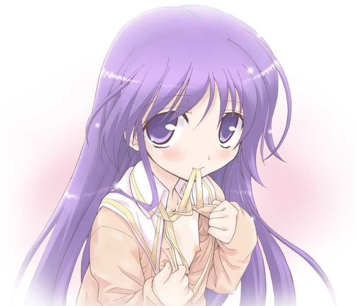 eeeeee, watarase jun, happiness!, 00s, 1boy, blush, crossdressing, crossdressing (mtf), downblouse, flat chest, long hair, male focus, mouth hold, nipple slip, nipples, open clothes, open shirt, purple eyes, purple hair, shirt, solo, trap, undressing