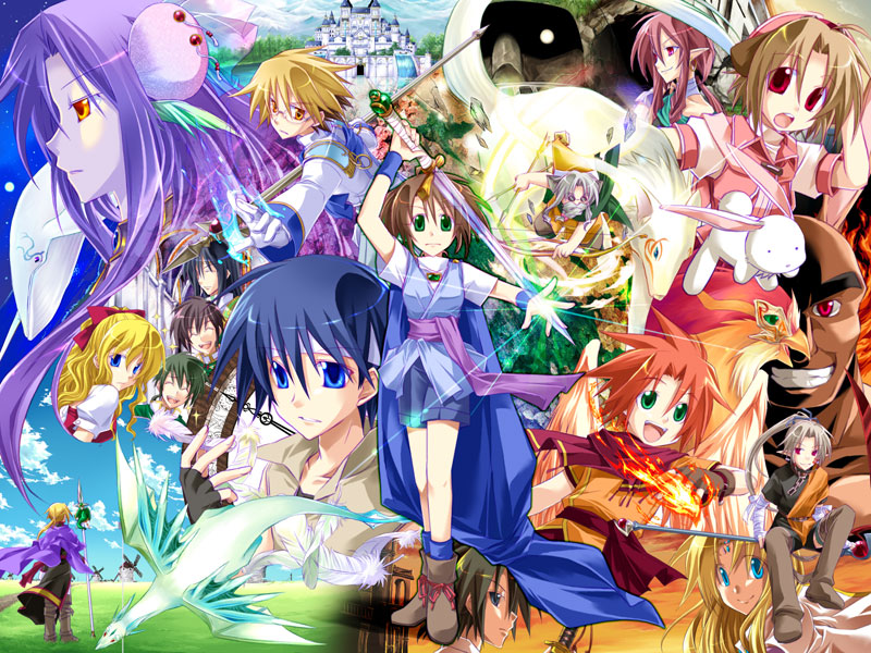onem, original, 6+boys, 6+girls, :d, aircraft, airplane, arms up, blonde hair, blue dress, blue eyes, blue hair, brown hair, closed mouth, day, dragon, dress, everyone, expressionless, field, fire, flying, full body, grass, green eyes, hair ornament, hairpin, hat, long hair, long sleeves, magic, monster, multiple boys, multiple girls, open mouth, outdoors, outstretched arms, pale skin, pink hair, pointy ears, profile, purple eyes, purple hair, red eyes, running, scarf, shaded face, smile, standing, very long hair, wings, witch hat
