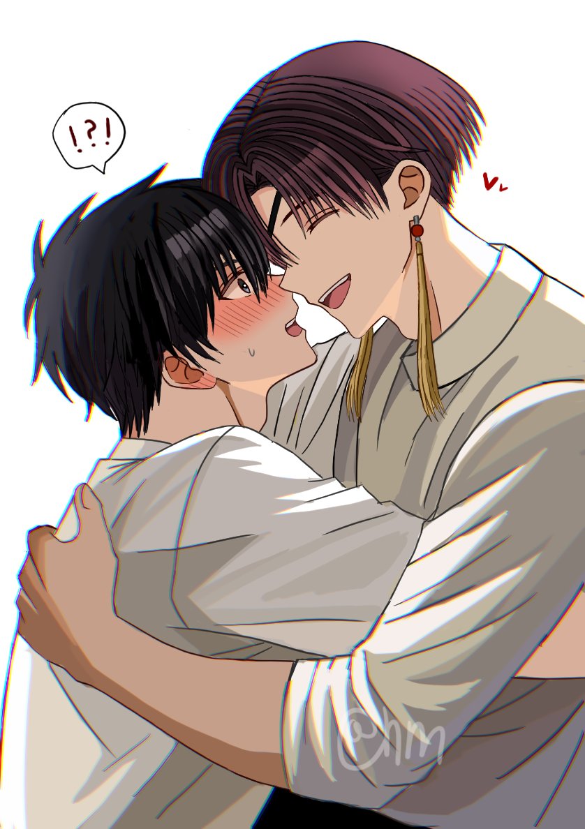 hyohls2 (hamao3o), sakura haruka (wind breaker), suo hayato, wind breaker (nii satoru), !?, 2boys, black eyes, black hair, blush, closed eyes, earrings, jewelry, male focus, multiple boys, open mouth, red hair, shirt, short hair, tassel, tassel earrings, white background, white shirt, yaoi