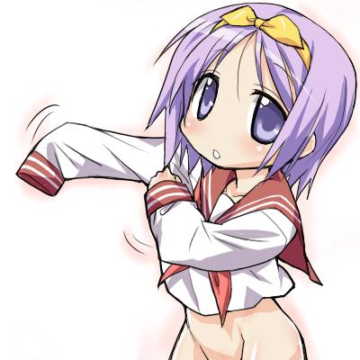 eeeeee, hiiragi tsukasa, lucky star, jpeg artifacts, lowres, 00s, 1girl, bottomless, dressing, female focus, no panties, purple eyes, purple hair, school uniform, serafuku, short hair, solo