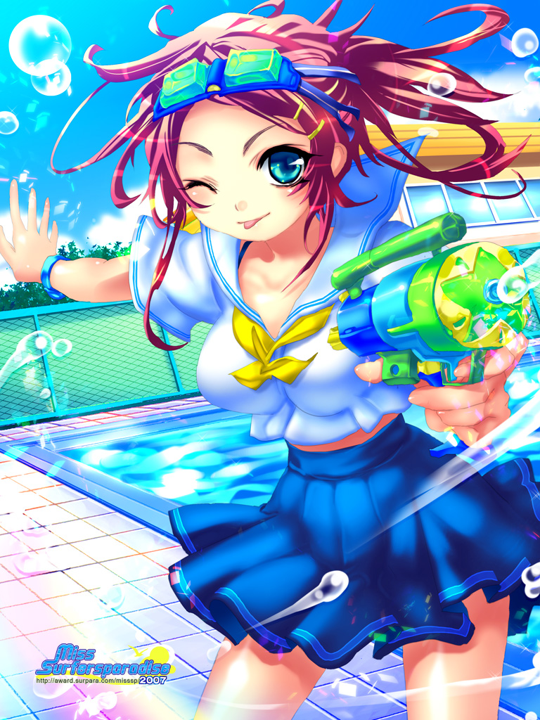 yoshida, 00s, 1girl, 2007, ;p, aqua eyes, blue eyes, breasts, chain-link fence, dutch angle, female focus, fence, foreshortening, goggles, goggles on head, impossible clothes, impossible shirt, large breasts, looking at viewer, midriff, neckerchief, one eye closed, outdoors, outstretched arms, pleated skirt, pool, poolside, rainbow, red hair, school, school uniform, serafuku, shirt, skirt, solo, spread arms, standing, tongue, tongue out, water gun, watermark, web address, wink, wristband
