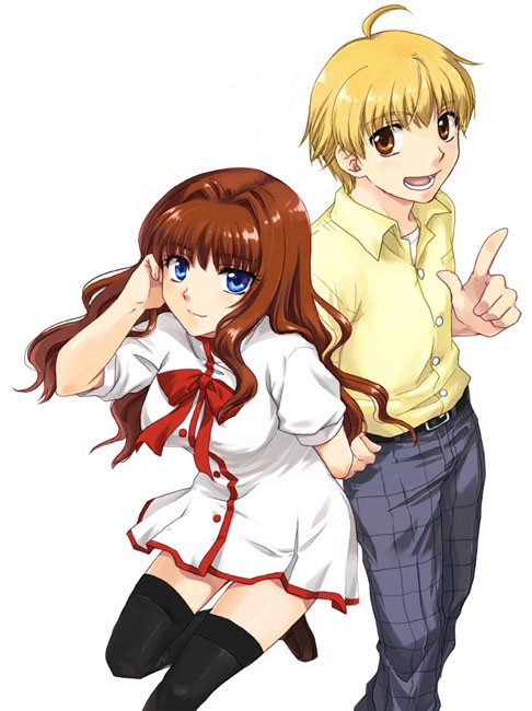 misaki juri, kitagawa jun, misaka kaori, kanon, 1boy, 1girl, :d, ahoge, belt, black thighhighs, bow, bowtie, buckle, collared shirt, dress, index finger raised, looking at viewer, misaki kisato, open mouth, pants, red bow, red bowtie, shirt, simple background, smile, thigh gap, thighhighs, white background, white dress, zettai ryouiki