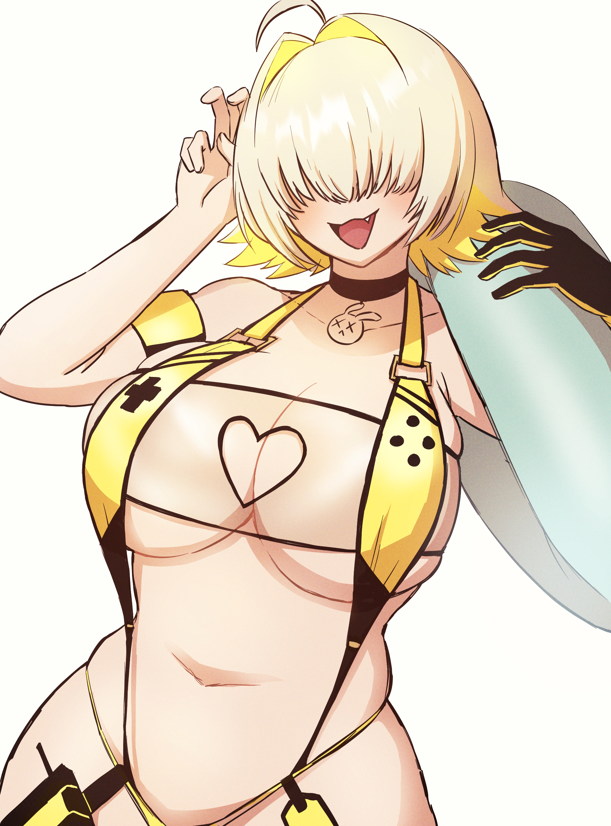 sookmo, elegg (boom and shock) (nikke), elegg (nikke), goddess of victory: nikke, absurdres, highres, 1girl, ahoge, bare shoulders, blonde hair, blush, breasts, cleavage, gloves, hair intakes, hair over eyes, innertube, large breasts, long bangs, navel, open mouth, rabbit choker, see-through slingshot swimsuit, short hair, slingshot swimsuit, smile, solo, swim ring, swimsuit, yellow slingshot swimsuit