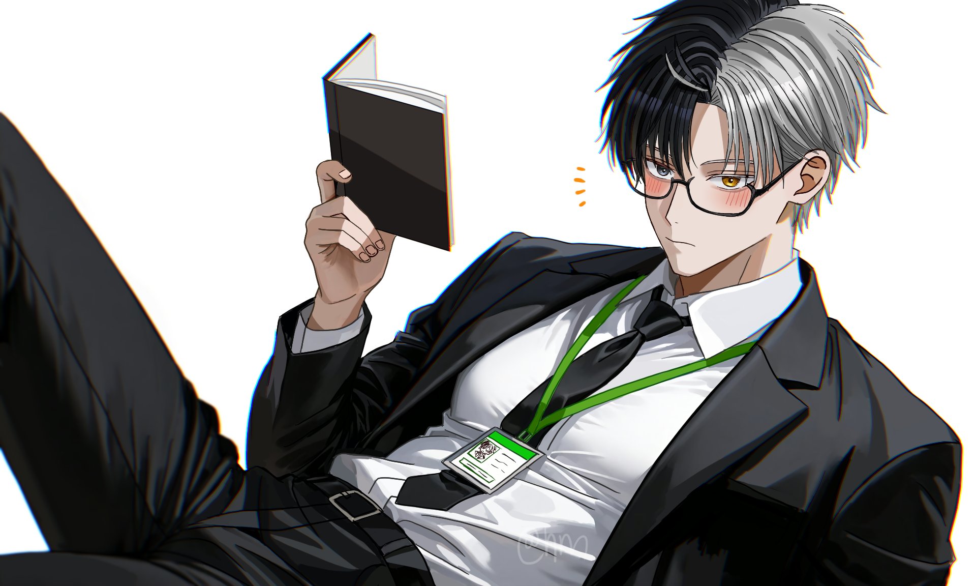 hyohls2 (hamao3o), sakura haruka (wind breaker), wind breaker (nii satoru), highres, 1boy, belt, black eyes, black hair, black jacket, black necktie, black pants, black suit, blush, book, formal clothes, glasses, grey hair, holding, holding book, jacket, male focus, multicolored hair, necktie, open clothes, open jacket, pants, shirt, short hair, solo, split-color hair, suit, two-tone hair, white background, white shirt, yellow eyes