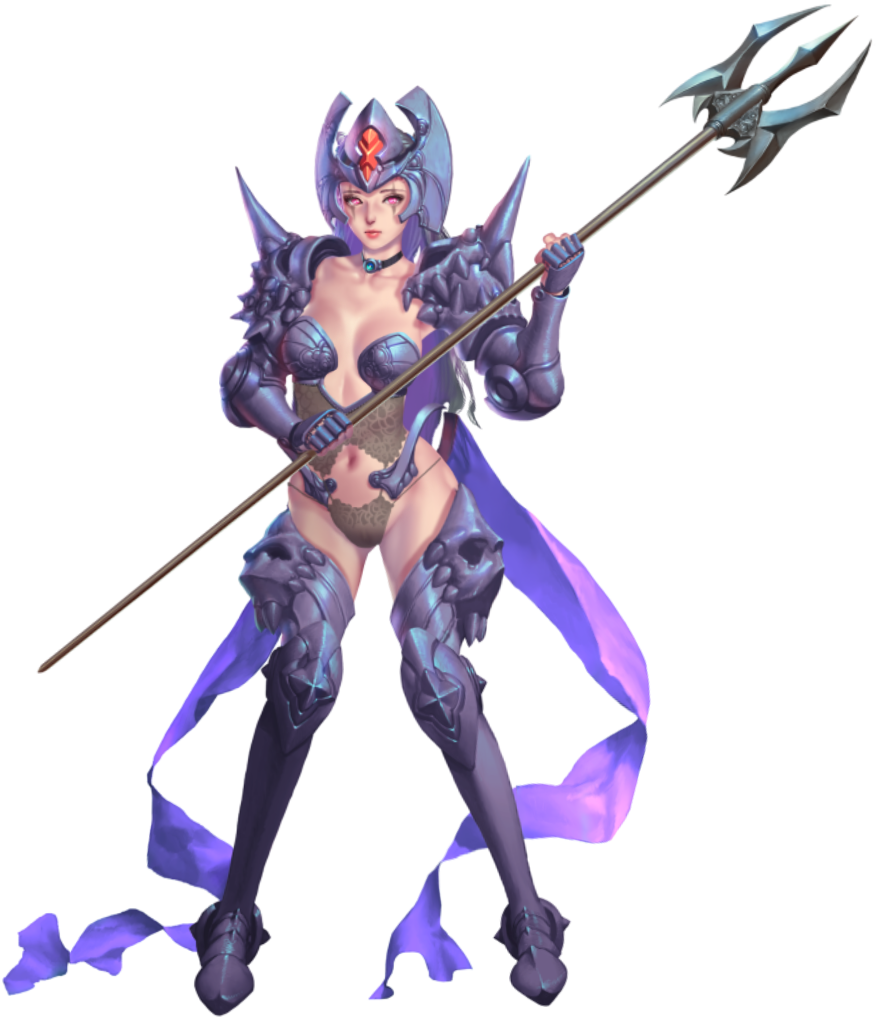 crystal maiden (series), artist request, game cg, highres, official art, variant set, 1girl, armor, blue hair, breasts, cleavage, closed mouth, collar, dana (crystal maidens), facial tattoo, full body, groin, helmet, holding, holding polearm, holding weapon, long hair, looking at viewer, navel, pink eyes, polearm, shoulder armor, solo, tattoo, transparent background, trident, weapon