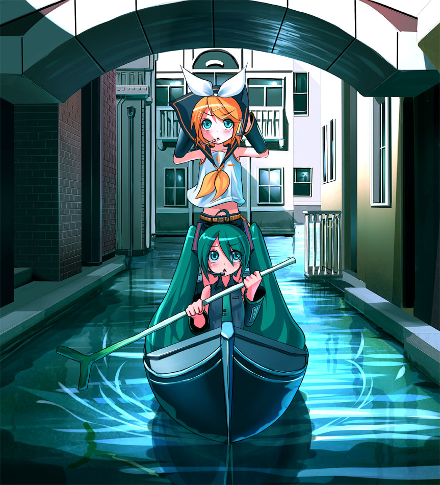patorishia, patricia (stylish marunage), hatsune miku, kagamine rin, vocaloid, 2girls, ahoge, aqua hair, aqua necktie, arch, arm warmers, balcony, belt, black shorts, blonde hair, blue eyes, blue hair, blush, boat, bow, breasts, brick, brick wall, building, canal, chestnut mouth, collarbone, collared shirt, ghost, gondola, grey shirt, hair bow, hair ornament, hairclip, hands on headphones, hands up, headphones, headset, holding, industrial pipe, lake, long hair, looking at viewer, microphone, midriff, multiple girls, necktie, oar, ocean, outdoors, railing, reflection, sailor collar, shade, shirt, short hair, shorts, sitting, sleeveless, sleeveless shirt, spring onion, stairs, stamp, standing, stomach, tie clip, treble clef, triangle mouth, twintails, very long hair, water, watercraft, white bow, white shirt, window