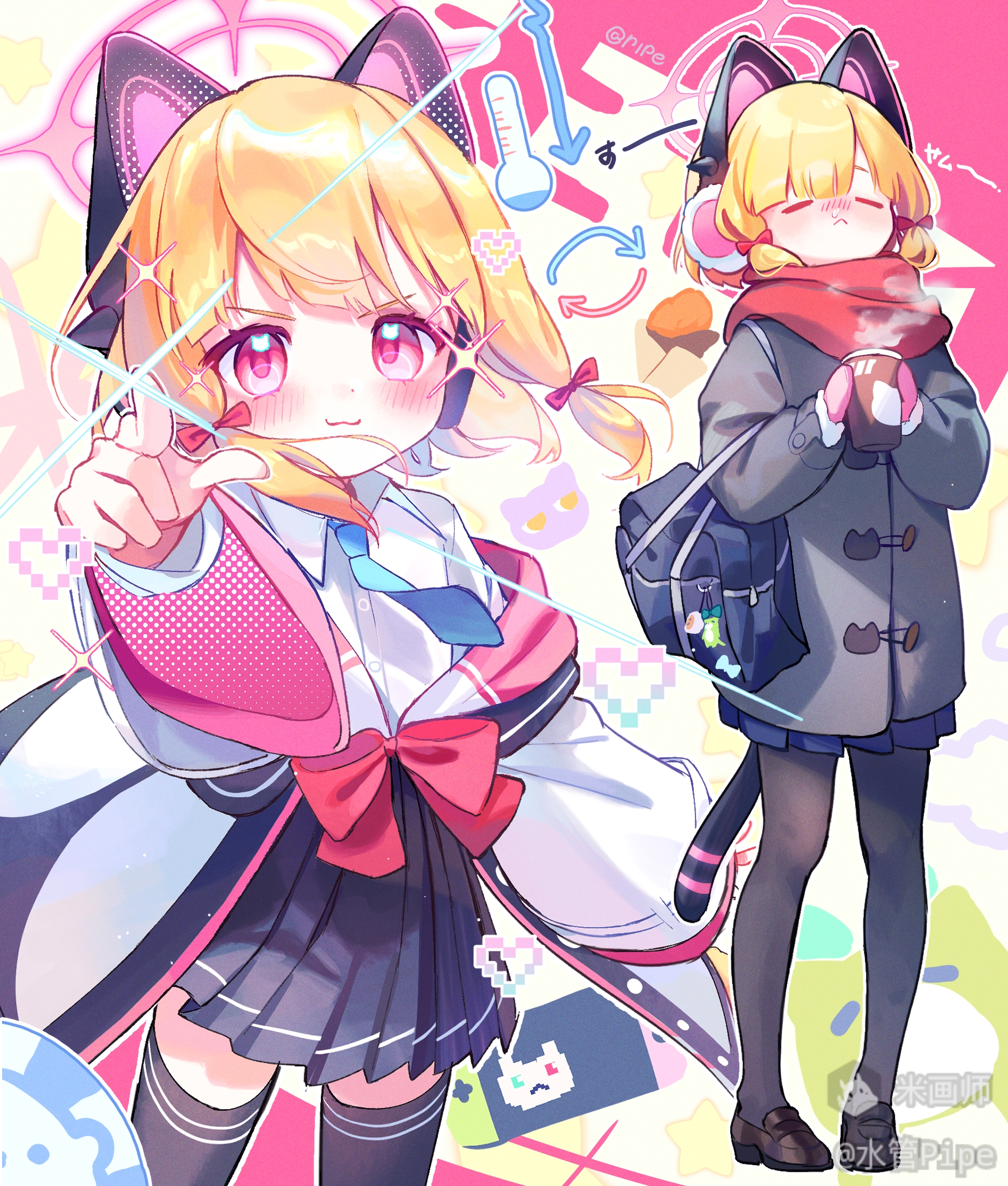suikan pipe, momoi (blue archive), blue archive, chinese commentary, commentary, highres, 1girl, :<, :3, alternate costume, animal ear headphones, animal ears, arrow (symbol), artist name, bag, black pantyhose, black shoes, black skirt, black thighhighs, blonde hair, blue necktie, blue skirt, blush, bow, cat ear headphones, cat tail, closed eyes, closed mouth, coat, collared shirt, cowboy shot, cup, disposable coffee cup, disposable cup, dot nose, duffel coat, earmuffs, fake animal ears, fake tail, floating hair, floating neckwear, full body, fur-trimmed sleeves, fur trim, grey coat, hair bow, halftone, halo, headphones, heart, holding, holding cup, jacket, loafers, long sleeves, looking at viewer, low-tied sidelocks, mihuashi logo, mihuashi username, miniskirt, mittens, multicolored jacket, multiple views, necktie, nose blush, pantyhose, pink eyes, pink halo, pink mittens, pixel heart, pleated skirt, pointing, pointing at viewer, puffy long sleeves, puffy sleeves, red bow, red scarf, scarf, school uniform, shirt, shoes, short hair, shoulder bag, sidelocks, signature, skirt, smelling, smile, sparkle, standing, star (symbol), steam, steaming cup, tail, temperature, thighhighs, v-shaped eyebrows, watermark, white shirt, wide sleeves, winter clothes, winter coat, zettai ryouiki