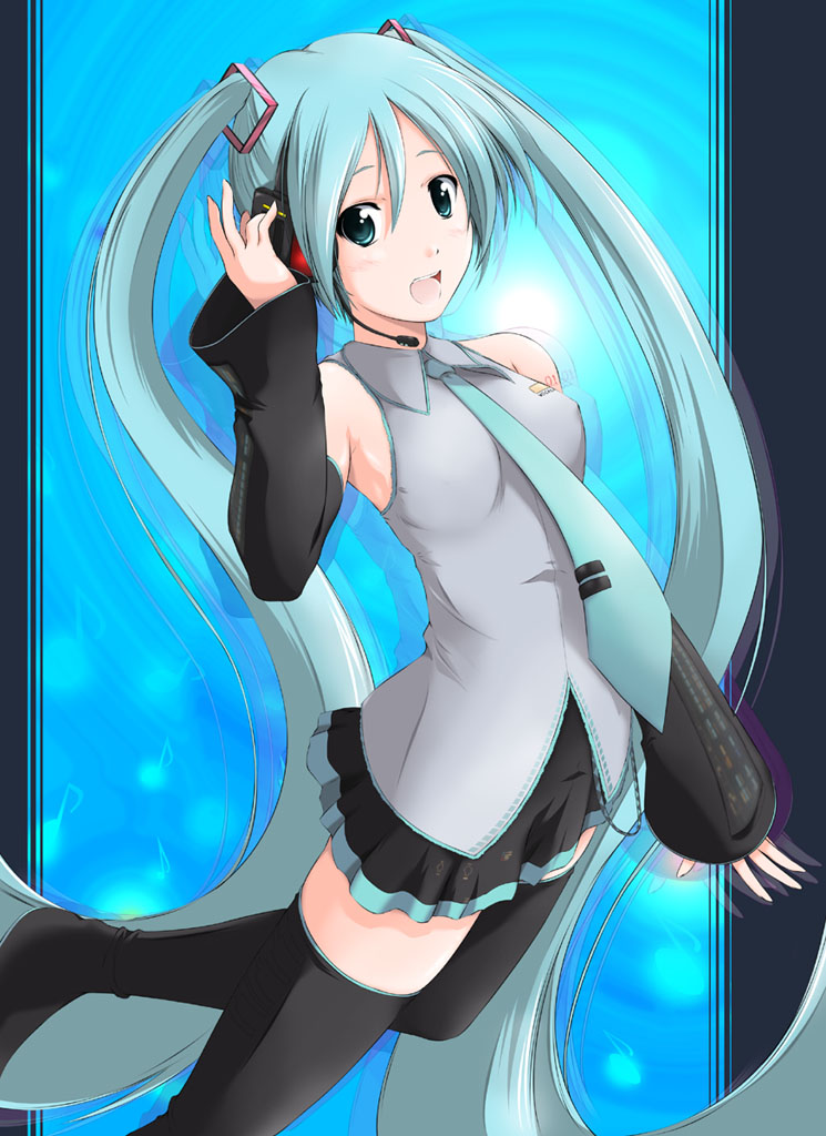 eviryun, hatsune miku, vocaloid, 1girl, aqua eyes, aqua hair, aqua necktie, detached sleeves, female focus, headset, long hair, necktie, skirt, solo, thighhighs, twintails, very long hair, zettai ryouiki