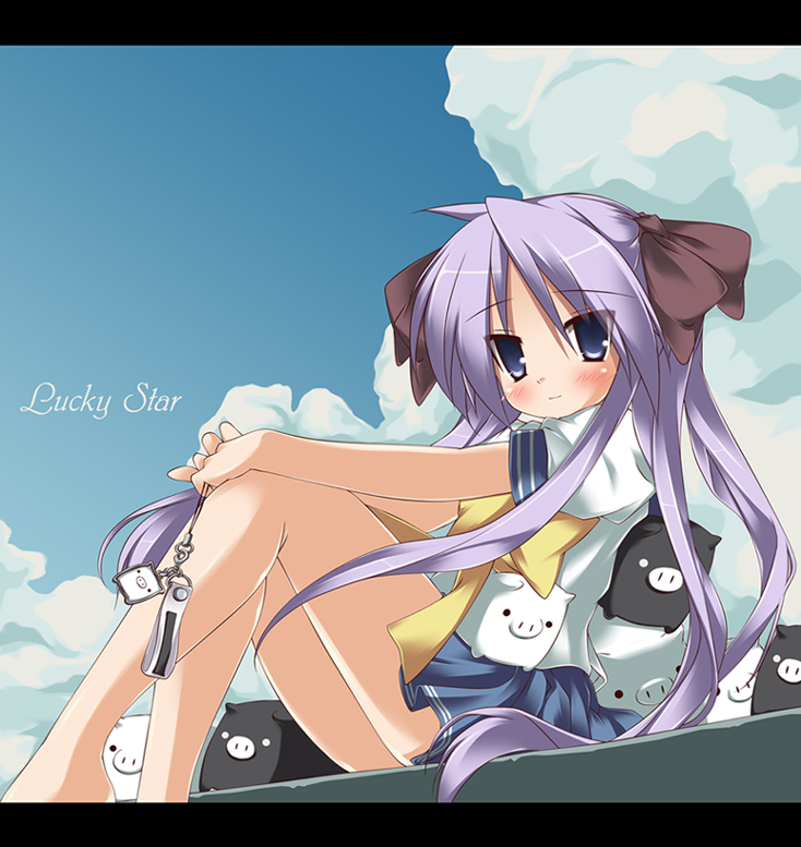 shin'ya natsuki, hiiragi kagami, lucky star, 00s, 1girl, ahoge, bare legs, blue eyes, blue skirt, blue sky, blush, cloud, day, female focus, letterboxed, long hair, looking at viewer, miniskirt, pink hair, pleated skirt, sitting, skirt, sky, solo, text focus, twintails, very long hair