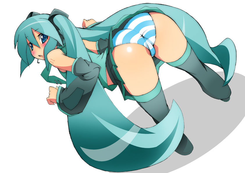 toudori, hatsune miku, vocaloid, 1girl, aqua eyes, aqua hair, arms beside, ass, bare shoulders, bent over, blush, detached sleeves, female focus, from behind, headset, long hair, looking back, panties, pantyshot, pleated skirt, skirt, solo, spread legs, striped clothes, striped panties, surprised, thighhighs, trefoil, twintails, underwear, upskirt, very long hair