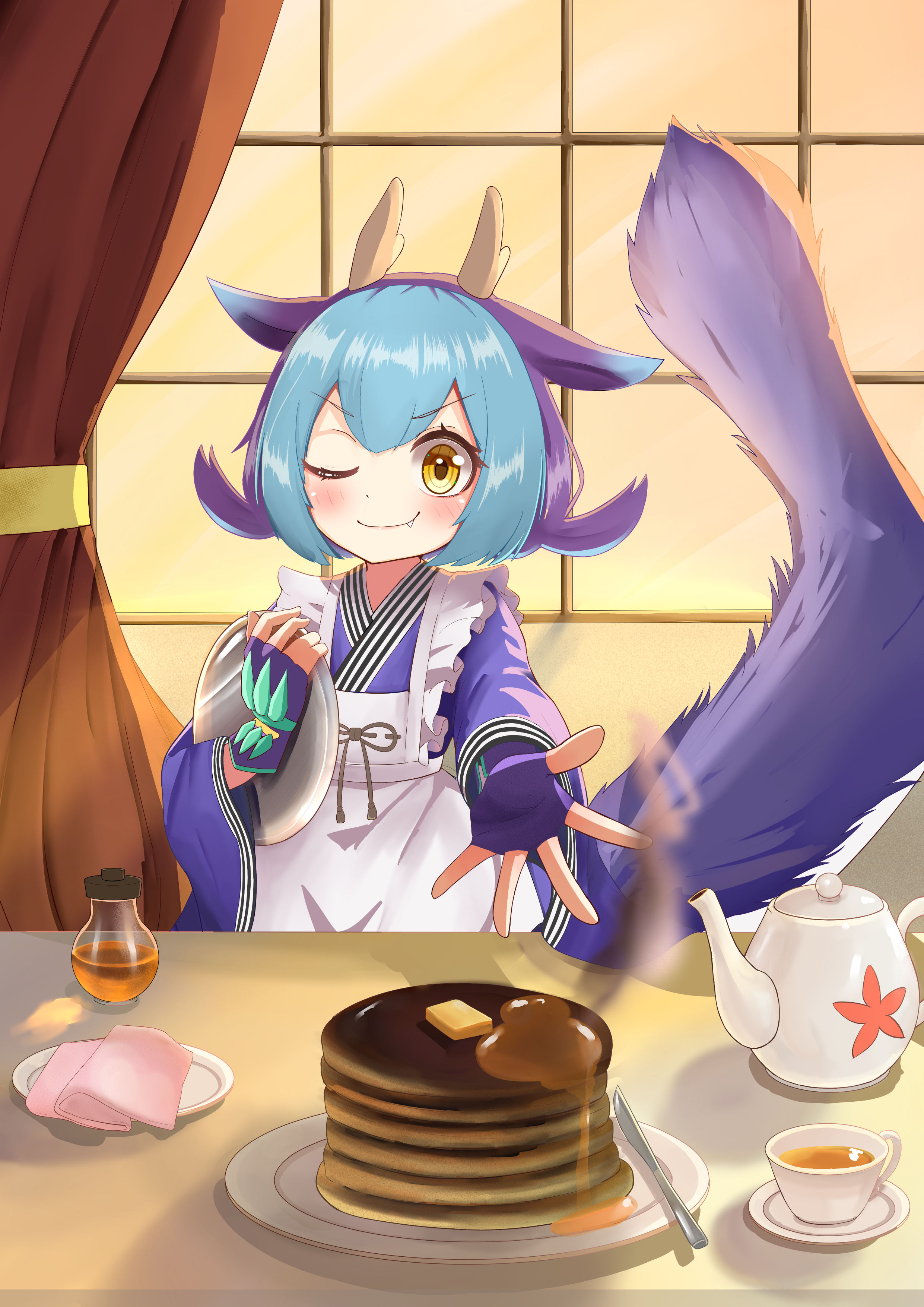 laundry dragonmaid, yu-gi-oh!, absurdres, highres, 1girl, apron, aqua hair, blue hair, blue kimono, blush, closed mouth, cup, dragon girl, dragon horns, dragon tail, duel monster, eastern dragon horns, food, frilled apron, frills, gure piyo, holding, holding plate, horns, japanese clothes, kimono, knife, maid, maid apron, one eye closed, pancake, plate, short twintails, smile, solo, syrup, tail, teacup, teapot, twintails, wa maid, white apron, yellow eyes