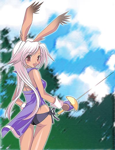 final fantasy, final fantasy tactics, final fantasy tactics advance, 1girl, animal ears, ass, black panties, blue sky, blush, brown eyes, cloud, dark-skinned female, dark skin, epee, female focus, fencer, gloves, long hair, looking at viewer, looking back, open mouth, outdoors, panties, rabbit ears, rapier, side-tie panties, sky, smile, solo, standing, sword, tree, underwear, very long hair, viera, weapon, white hair, wind, wind lift