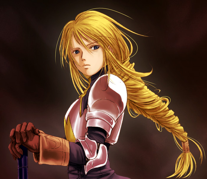 agrias oaks, final fantasy, final fantasy tactics, 1girl, armor, belt, blonde hair, blue eyes, female focus, gradient background, hands on hilt, knight, long hair, solo, sword, weapon
