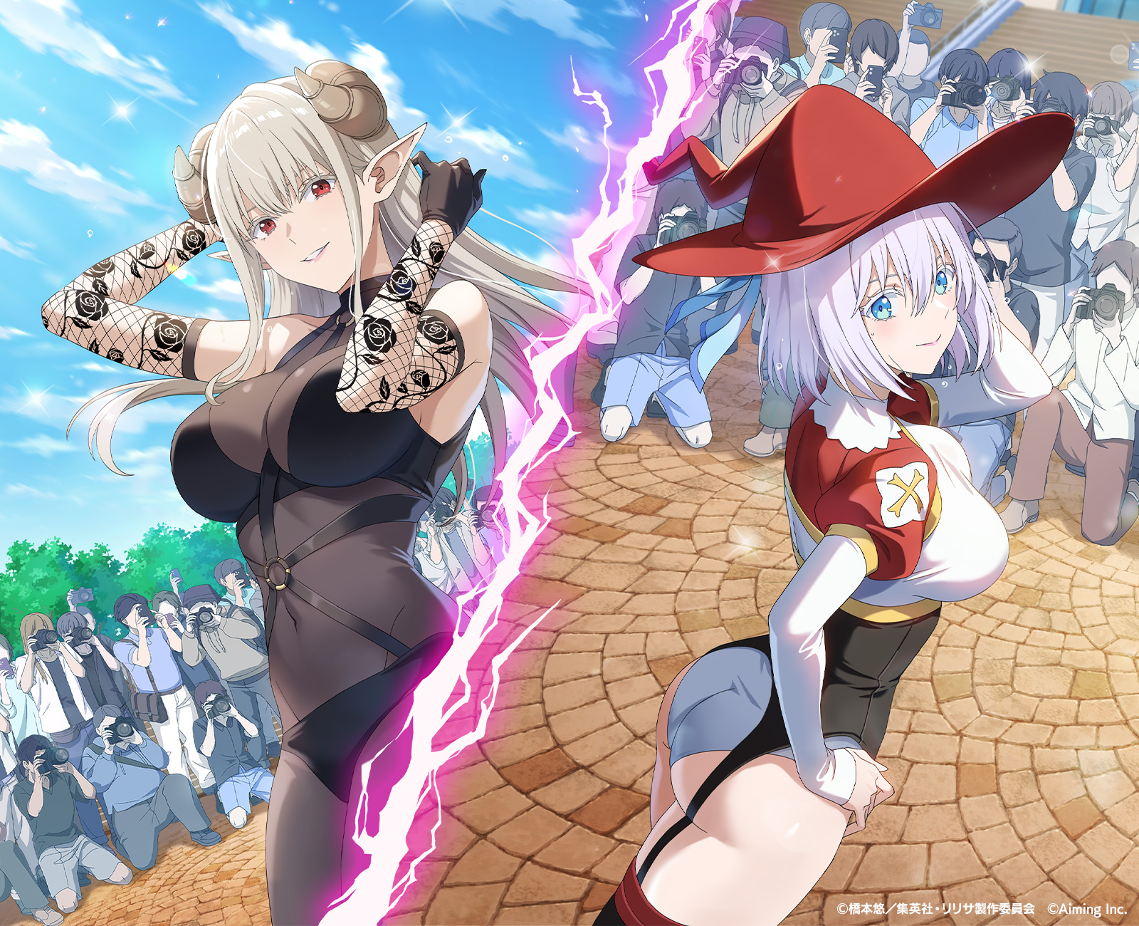 753 (2.5 jigen no ririsa), hanyuu mayuri, lustalotte (2.5 jigen no ririsa), 2.5 jigen no ririsa, 2.5 jigen no ririsa tenshitachi no stage, highres, official art, 2girls, ass, bare shoulders, black gloves, black leotard, blonde hair, blue eyes, blue sky, bodystocking, breasts, brown horns, camera, closed mouth, copyright notice, cosplay, covered navel, crowd, demon girl, demon horns, detached sleeves, gloves, grin, hand on own hip, hat, holding, holding camera, horns, lace, lace sleeves, large breasts, leotard, long hair, looking at viewer, lustalotte (2.5 jigen no ririsa) (cosplay), multiple girls, outdoors, pointy ears, red eyes, red hat, short hair, sky, sleeveless bodystocking, smile, taking picture, thighhighs, white hair, witch hat