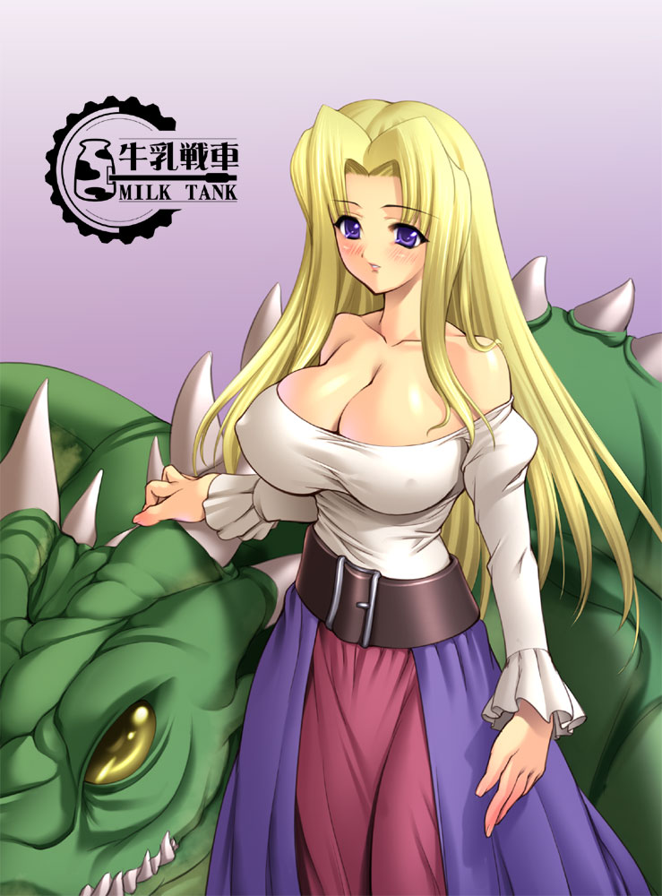 gunner-l, reis duelar, final fantasy, final fantasy tactics, bare shoulders, belt, blonde hair, blue eyes, breasts, dragon, huge breasts, large breasts, long hair, solo