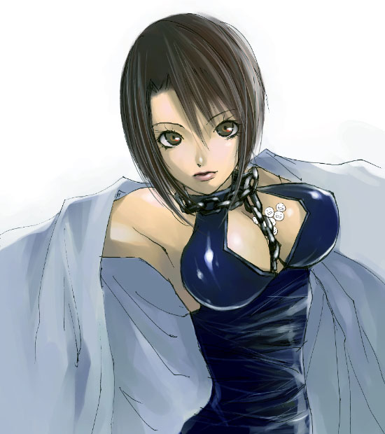 hasegawa haruka, moyashimon, breasts, chain, collar, lab coat, large breasts, leather, short hair, skinny, solo
