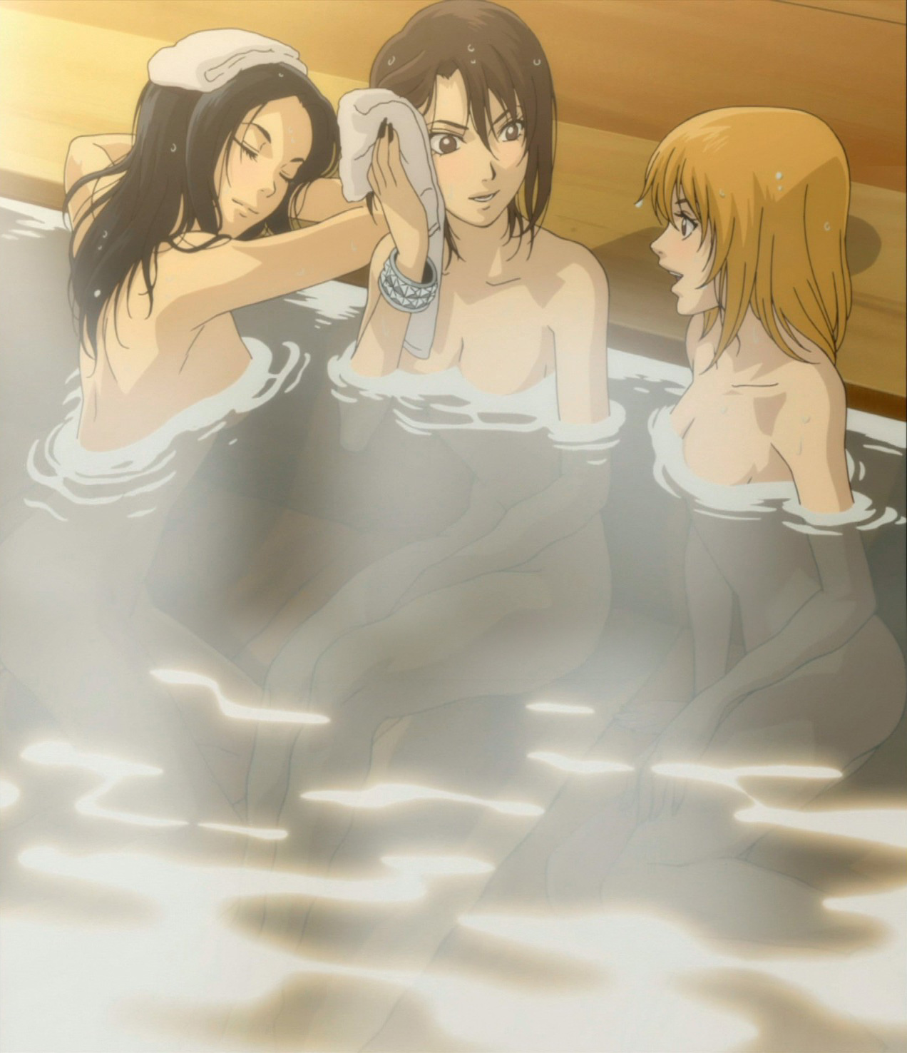 hasegawa haruka, mutou aoi, oikawa hazuki, moyashimon, screencap, anime screenshot, highres, 3girls, bath, multiple girls, nude, towel