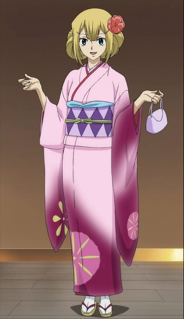 louise halevy, gundam, gundam 00, 00s, 1girl, bag, blonde hair, blue eyes, female focus, flower, full body, geta, hair flower, hair ornament, holding, japanese clothes, kimono, long sleeves, panties, sandals, short hair, socks, solo, standing, tabi, underwear, white panties, wide sleeves, zouri
