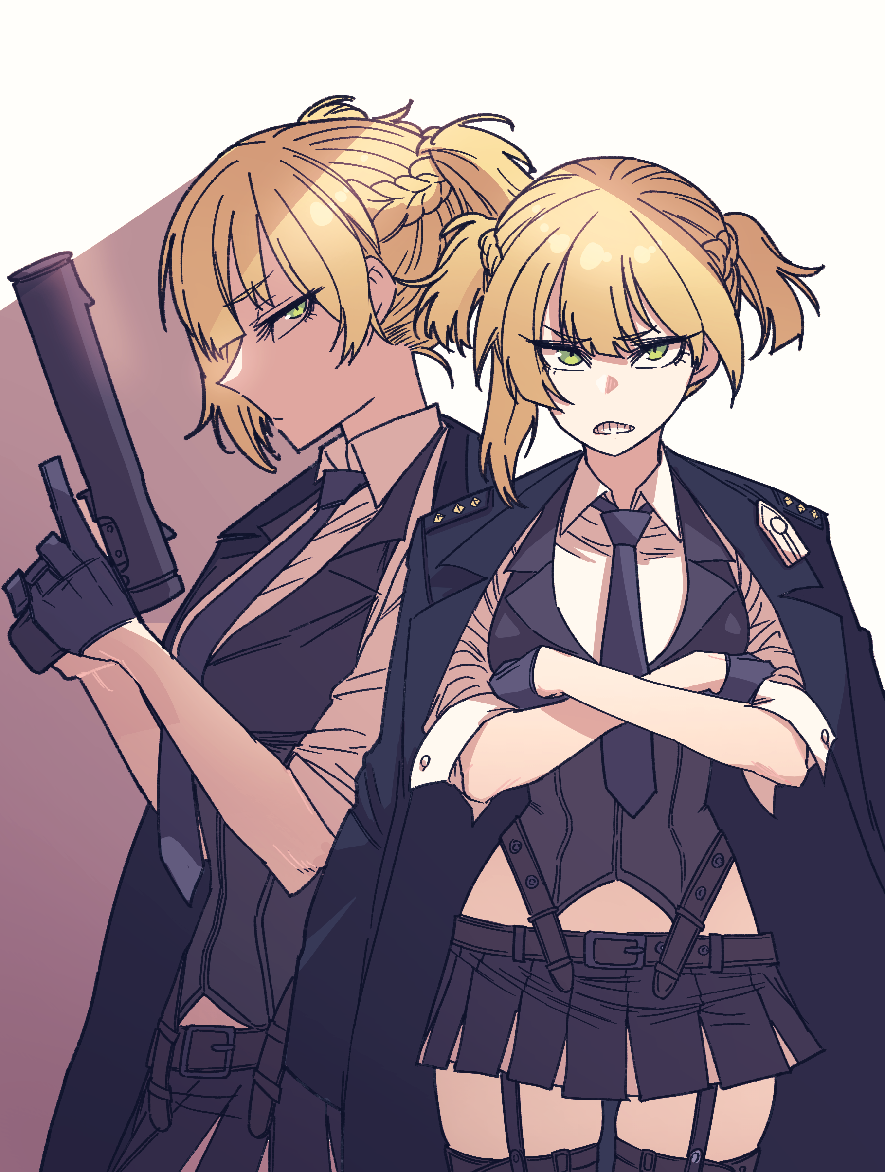 anygatsby, welrod mkii (girls' frontline), girls' frontline, absurdres, commentary, commission, highres, pixiv commission, 1girl, belt, black coat, black gloves, black necktie, black vest, blonde hair, braid, breasts, clenched teeth, coat, coat on shoulders, crossed arms, gloves, green eyes, gun, handgun, holding, holding gun, holding weapon, looking at viewer, multiple views, necktie, short hair, skirt, solo, teeth, thighhighs, two side up, vest, weapon