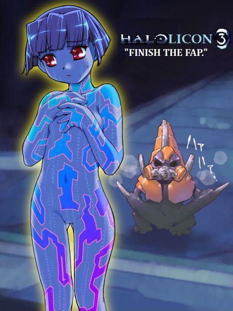 cortana, halo (game), 1girl, blue hair, blue skin, colored skin, flat chest, hologram, loli, navel, nude, red eyes, short hair, text focus, unggoy (halo)
