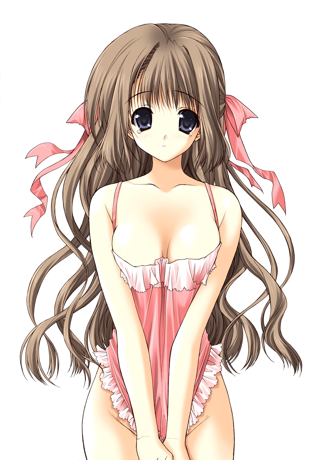suzuhira hiro, highres, third-party edit, 1girl, brown hair, female focus, lingerie, long hair, negligee, ribbon, solo, tears, underwear