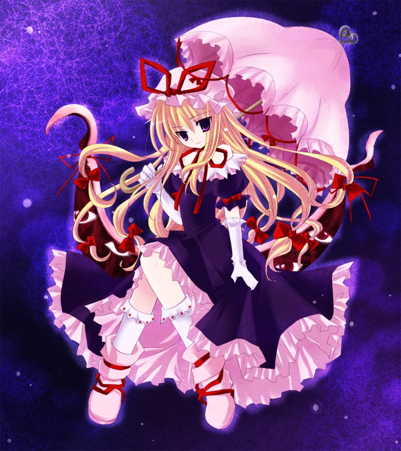 imari yuka, yakumo yukari, yakumo yukari (young), touhou, md5 mismatch, 1girl, aged down, blonde hair, dress, female focus, full body, hat, parasol, purple background, purple dress, ribbon, smile, solo, umbrella
