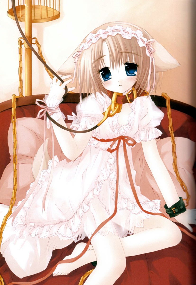 sakurazawa izumi, sachi (pure pure), pure pure, highres, 1girl, :<, animal ears, bed, birdcage, blue eyes, blush, cage, cat ears, chain, collar, dog ears, dog tail, dress, female focus, indoors, leash, ribbon, short hair, solo, tail, wrist cuffs, wrist ribbon
