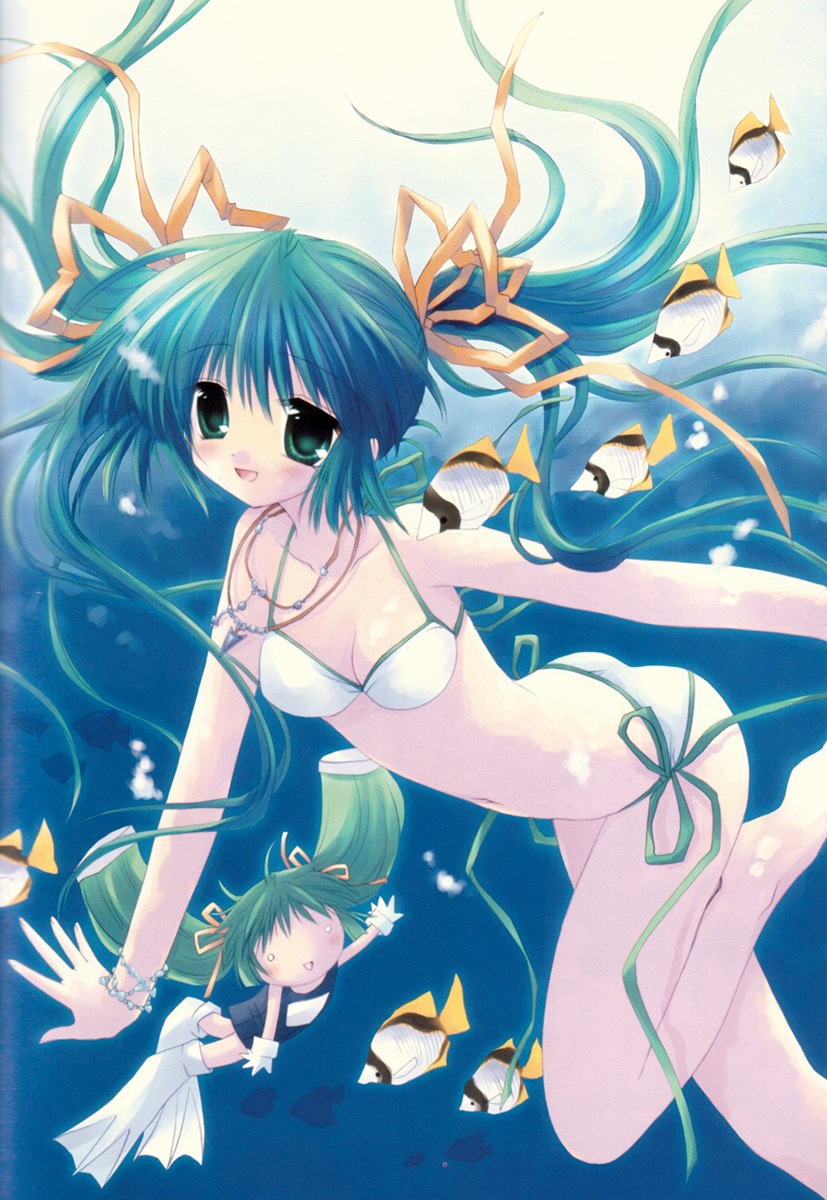 sakurazawa izumi, highres, 2girls, bikini, blue hair, blush, chibi, fish, green eyes, jewelry, long hair, multiple girls, necklace, ribbon, side-tie bikini bottom, smile, swimsuit, twintails, underwater, water