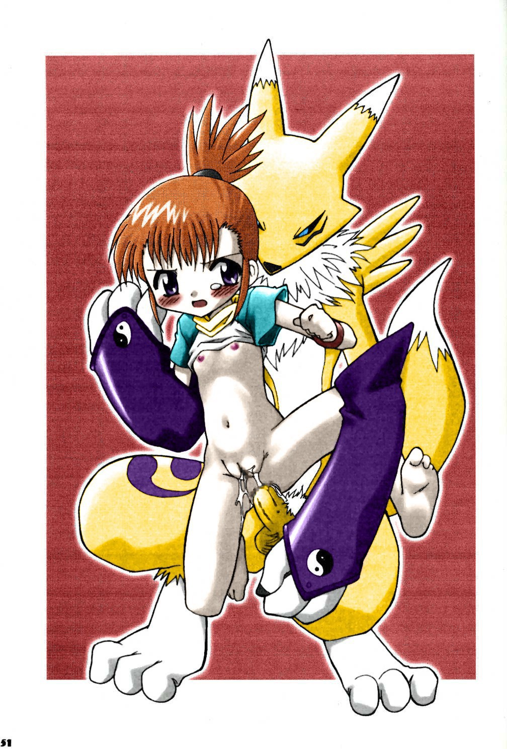 makino ruki, renamon, digimon, digimon tamers, highres, 00s, 1futa, 1girl, anal, barefoot, blue eyes, censored, digimon (creature), feet, flat chest, futa with female, futanari, loli, nipples, orange hair, penis, purple eyes, pussy, rape, short hair, sleeve gloves, soles, toes
