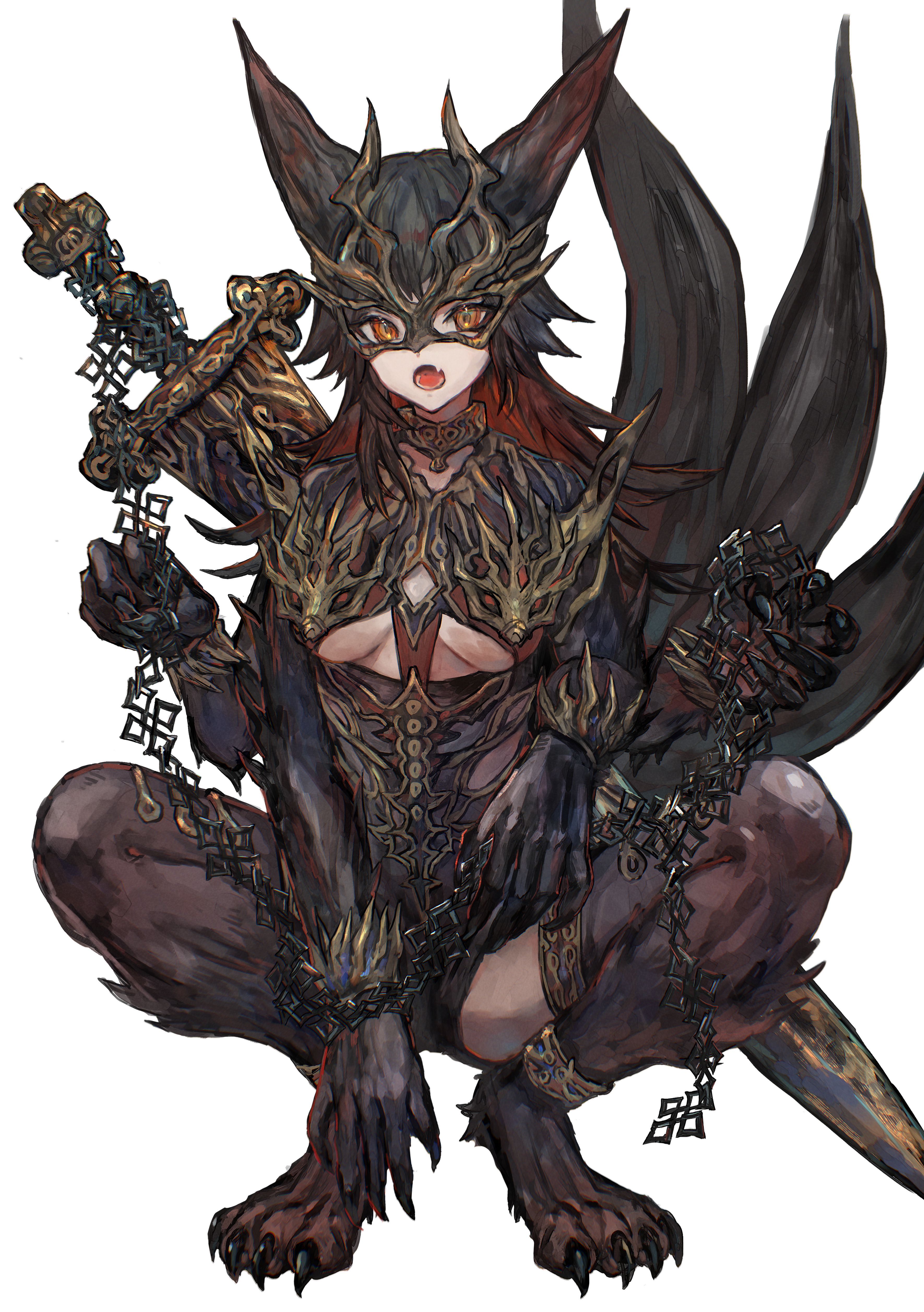 sabamiso taro, gladius (elden ring), elden ring, elden ring nightreign, absurdres, highres, 1girl, animal ears, anklet, black hair, breasts, chain, dark skin, jewelry, long hair, looking at viewer, mask, multicolored hair, open mouth, orange eyes, personification, red hair, solo, spread legs, squatting, sword, tail, two-tone hair, underboob, weapon, weapon on back, white background, wolf ears, wolf tail