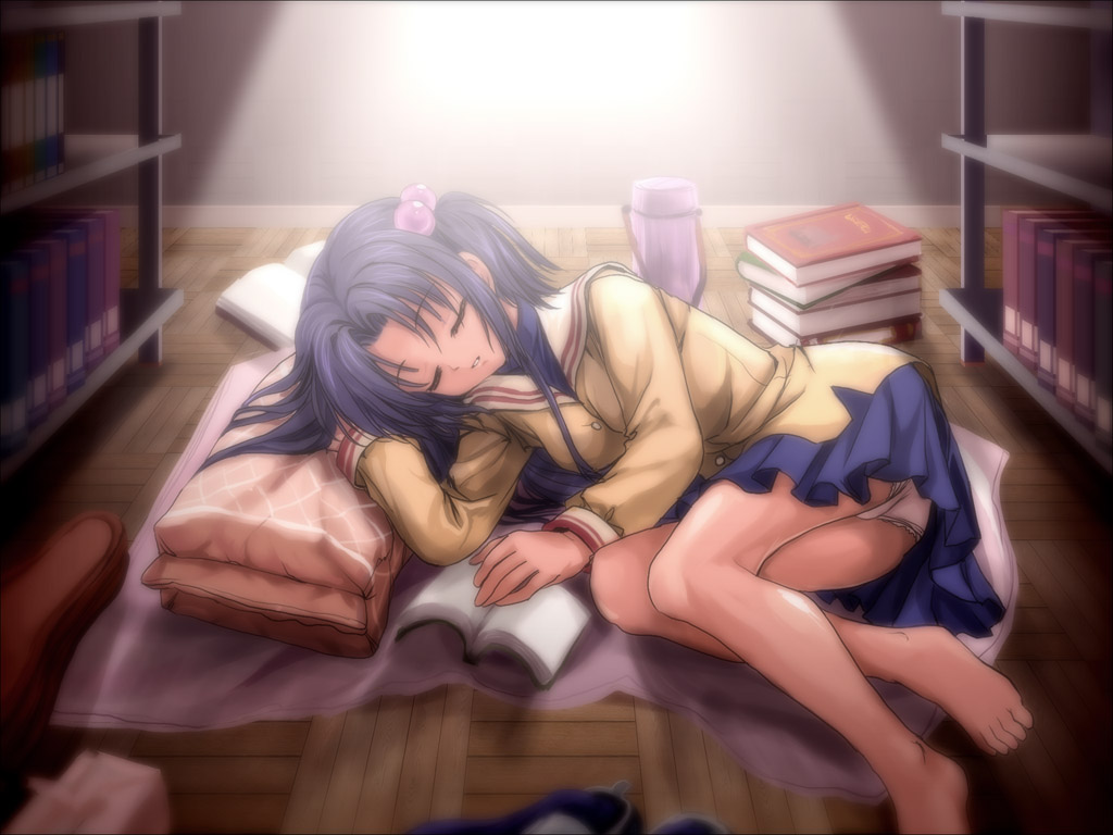 mutsuki (moonknives), ichinose kotomi, clannad, key (company), 00s, 1girl, arm support, barefoot, book, feet, female focus, hair bobbles, hair ornament, lying, panties, pantyshot, purple hair, school uniform, serafuku, skirt, sleeping, solo, two side up, underwear, upskirt
