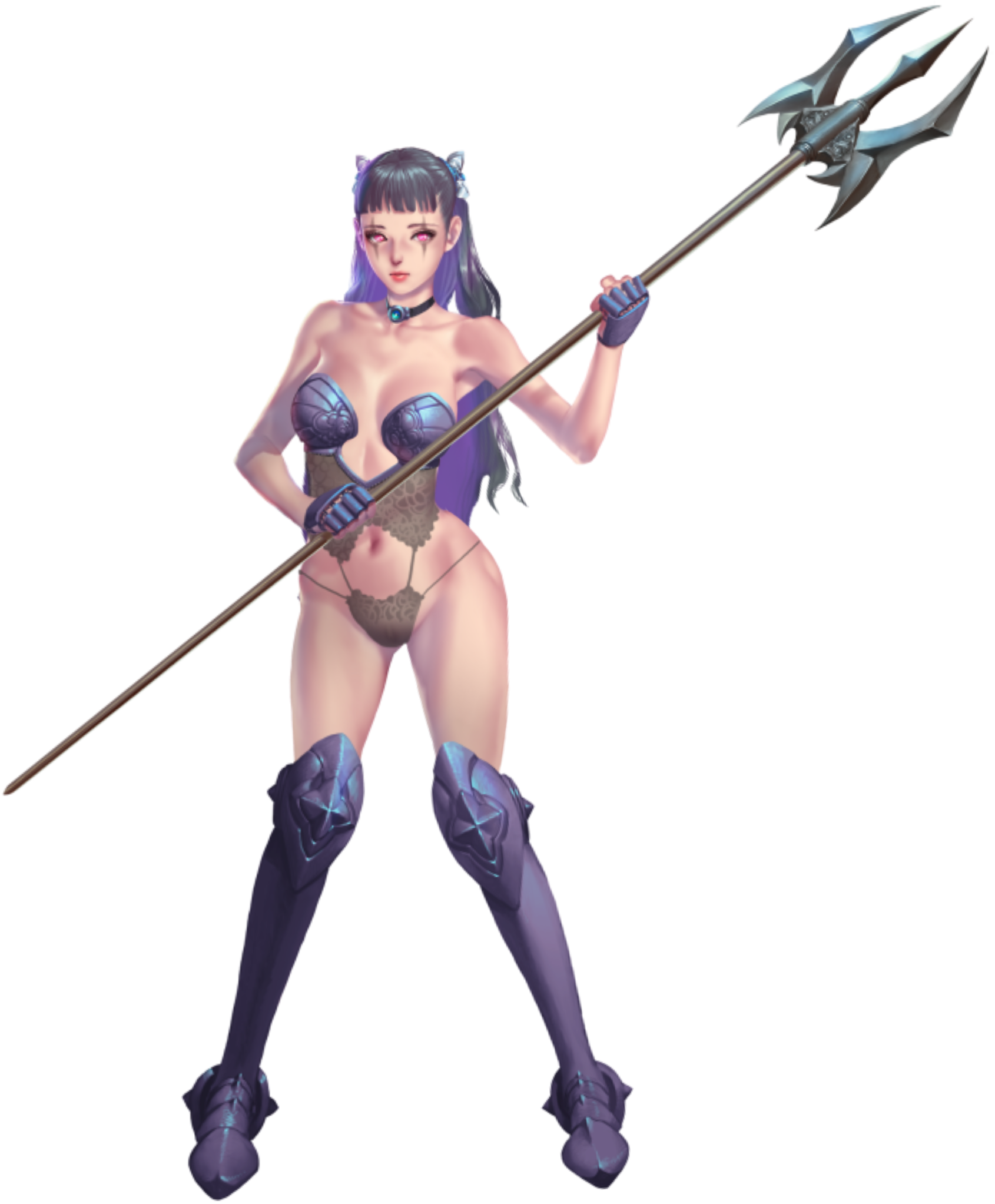 crystal maiden (series), artist request, game cg, highres, official art, variant set, 1girl, bare arms, bare hips, bare shoulders, blue hair, breasts, cleavage, closed mouth, collar, dana (crystal maidens), facial tattoo, full body, groin, holding, holding polearm, holding weapon, long hair, looking at viewer, navel, no headwear, pink eyes, polearm, solo, tattoo, transparent background, trident, weapon