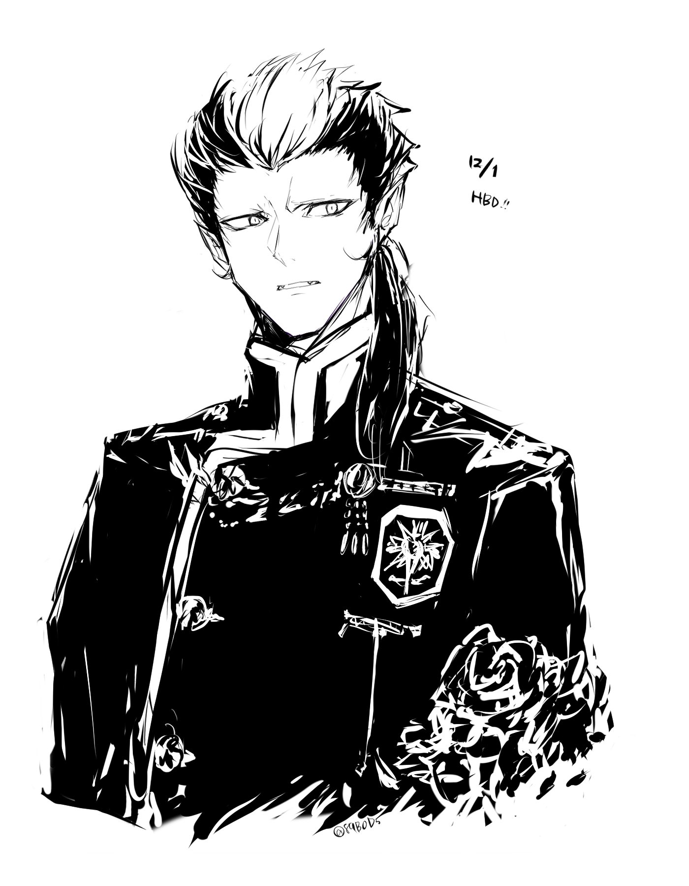 sodamachi, arystar krory, d.gray-man, highres, 1boy, badge, birthday, black coat, black hair, black order uniform, buttons, chain, coat, collared coat, cross, fangs, flower, greyscale, hair over shoulder, hair slicked back, happy birthday, long hair, looking to the side, low ponytail, male focus, mature male, military, military uniform, monochrome, multicolored hair, parted lips, pointy ears, ponytail, simple background, solo, striped coat, two-tone hair, vampire, vertical-striped coat, white background, white hair