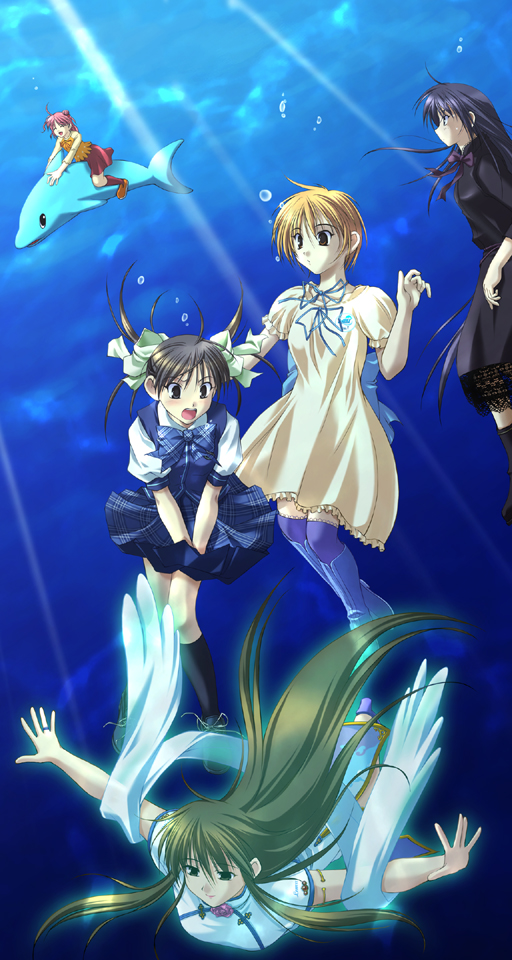 you, akanegasaki sora, komachi tsugumi, matsunaga sara, tanaka yubiseiakikana, tanaka yubiseiharukana, yagami coco, ever 17, game cg, official art, 5girls, black hair, blonde hair, boots, brown hair, china dress, chinese clothes, dolphin, dress, long hair, multiple girls, pink hair, ribbon, school uniform, serafuku, short hair, socks, thighhighs, twintails, underwater, water