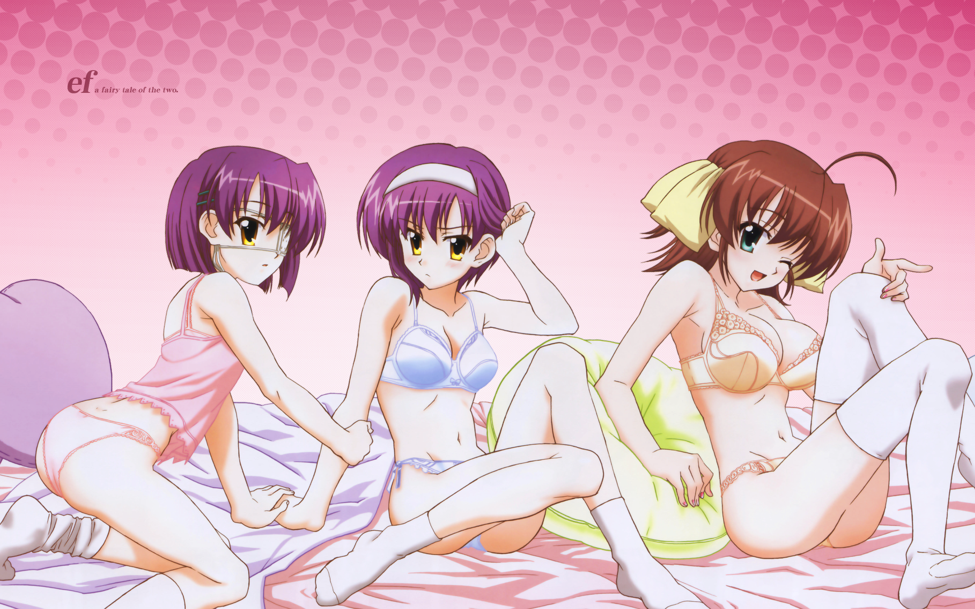 ookaji hiroyuki, miyamura miyako, shindou chihiro, shindou kei (ef), ef (visual novel), highres, 00s, 3girls, ass, bed, blush, bra, breasts, brown hair, camisole, cleavage, eyepatch, frown, green eyes, hair ribbon, kneeling, large breasts, lingerie, multiple girls, one eye closed, panties, pillow, purple hair, ribbon, short hair, siblings, sisters, sitting, socks, thighhighs, twins, underwear, underwear only, wink, yellow eyes