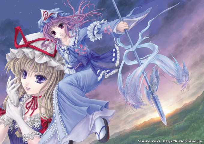 yuki shuuka, saigyouji yuyuko, yakumo yukari, touhou, 2girls, blonde hair, choker, clog sandals, female focus, frilled kimono, frills, gloves, hat, hat ribbon, holding, holding weapon, japanese clothes, kimono, lace, lace-trimmed gloves, lace trim, long sleeves, looking at viewer, mob cap, multiple girls, pink eyes, pink hair, polearm, purple eyes, red ribbon, ribbon, ribbon choker, sandals, sash, sky, spear, tabi, triangular headpiece, watermark, weapon, web address, white gloves, wide sleeves, zouri