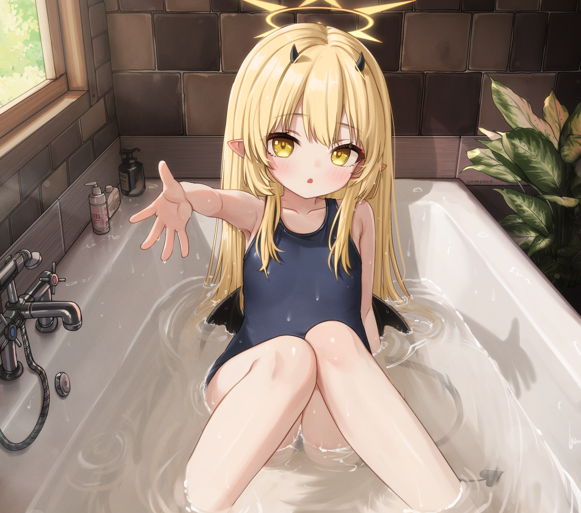 comodox, ibuki (blue archive), blue archive, commentary, english commentary, highres, variant set, 1girl, bathtub, black horns, black wings, blonde hair, halo, horns, long hair, one-piece swimsuit, pointy ears, school swimsuit, solo, swimsuit, wings, yellow eyes, yellow halo