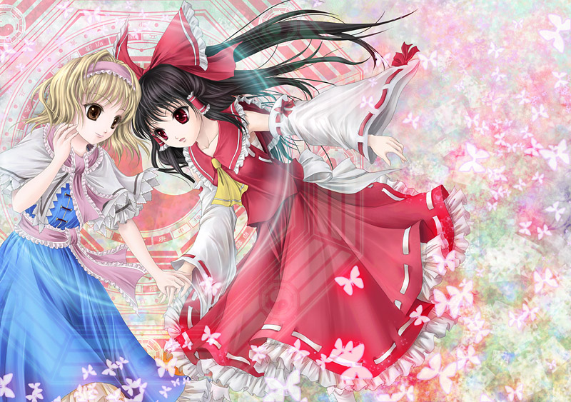 yuki shuuka, alice margatroid, hakurei reimu, touhou, 2girls, female focus, magic circle, multiple girls, yin yang