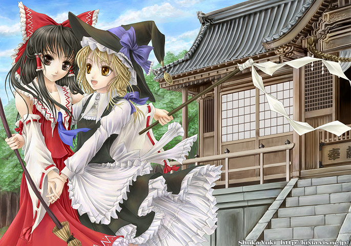 yuki shuuka, hakurei reimu, kirisame marisa, touhou, 2girls, :d, apron, architecture, arm around back, artist name, ascot, black hair, black hat, black skirt, black vest, blonde hair, blue bow, blue sky, bow, box, braid, broom, brown eyes, building, closed mouth, collared shirt, day, detached sleeves, donation box, east asian architecture, female focus, frilled apron, frills, gohei, hair bow, hair tubes, hat, hat bow, hat ribbon, holding, holding broom, holding hands, juliet sleeves, long hair, long sleeves, looking at another, looking at viewer, multiple girls, open mouth, outdoors, outstretched arm, puffy sleeves, railing, red bow, red ribbon, red skirt, ribbon, ribbon-trimmed sleeves, ribbon trim, rope, shide, shimenawa, shirt, shrine, single braid, skirt, sky, smile, stairs, tree, vest, waist apron, white apron, white bow, white shirt, witch hat, yellow eyes