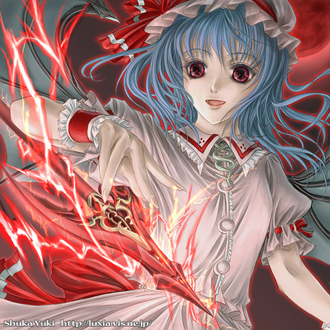 yuki shuuka, remilia scarlet, touhou, lowres, 1girl, female focus, gradient background, hat, solo, spear the gungnir