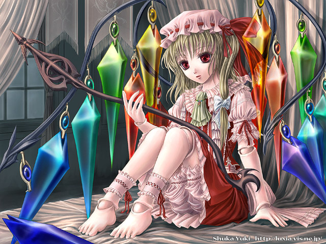 yuki shuuka, flandre scarlet, touhou, 1girl, doll joints, female focus, full body, hat, indoors, joints, mob cap, one side up, pink hat, skirt, solo, underwear, wings