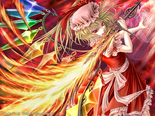 yuki shuuka, flandre scarlet, touhou, 1girl, female focus, fire, solo, sword, weapon, wings